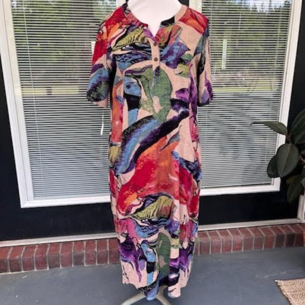O-nelue Maxi Dress Size XL Button Down Neck Line Multi Print